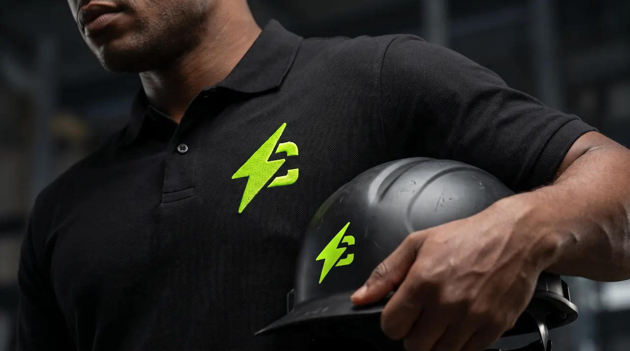 Uniforme preto e capacete com o símbolo CPL em verde